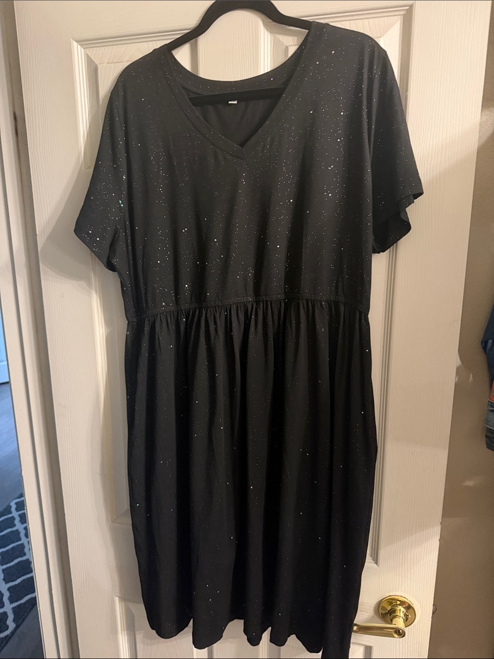Women's Black V-Neck Sparkle Babydoll Dress
